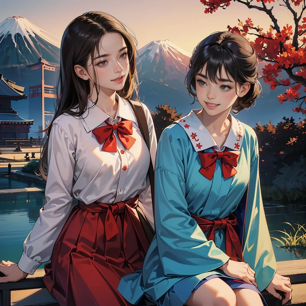 ((8K, RAW Photos, Highest quality, masterpiece)), High-resolution RAW color photos、
Professional close-up photography, (Realistic, フォトrealism: 1.37),
(Highest quality), (Best Shadow), (Best illustrations),
High-quality images、Skin Radiance、Texture of skin and clothing、
Expression of fine eyes、Shiny Hair,Long Hair Girl, Manga inspired by Lee Jong-suk,
Trending on deviantart, realism, detailed manga style, Manga art style,
Perfect Line Drawing, Beautiful line art, digital manga art girl, K-POPアイドル,
Beautiful brown eyes, Fuller lips, Gorgeous face with attention to detail,
(Cute Smile), attractive, Innocent, (Perfectly detailed face),
(Detailed and carefully drawn hand) Photorealistic images, Written boundary depth,
(Japanese style princess cut hairstyle:1.5),
best quality, masterpiece, New Year,
Three Japanese high-school cute girls, ((looking straight:1.7)),
a short-sleeved Japanese-blue-high-school-sailor-suit,
((Reddish bow tie, with a school bag:1.5))
((gently smiling:1.7)),
((upper arms hidden by clothes and hair:1.5)),
(innocent and pure high-school-girls:1.7)
(separately side by side:1.5),
shrine background, (mount Fuji:1.3), (outdoors:1.5)