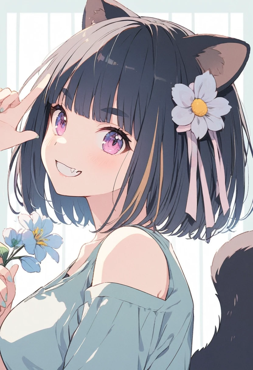 anime,(pale colors:1.8),long shot, 1girl, (on right:1.3), solo, cat mouth, dynamic angle, holding flower, pointing to head, grin, smile, fang,  blue hair, bobcut, straight hair, racoon ears, racoon tail, (brown streaked hair:1.3), (blunt bangs) ,thick eyebrows, big breast, off shoulder clothes, racoon tattoo, cutout,flower hair ornament,  striped background, shadow, 