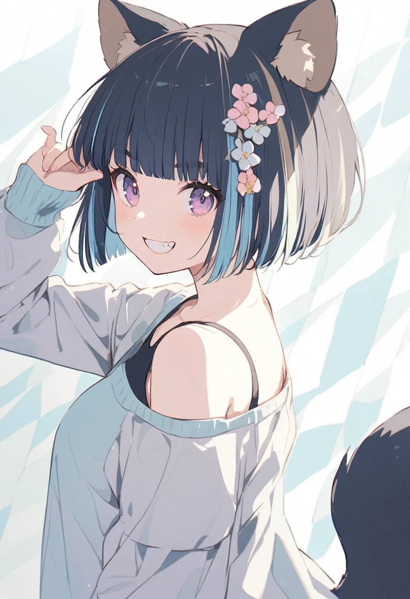 anime,(pale colors:1.8),long shot, 1girl, (on right:1.3), solo, cat mouth, dynamic angle, holding flower, pointing to head, grin, smile, fang, blue hair, bobcut, straight hair, racoon ears, racoon tail, (brown streaked hair:1.3), (blunt bangs) ,thick eyebrows, big breast, off shoulder clothes, racoon tattoo, cutout,flower hair ornament, striped background, shadow,