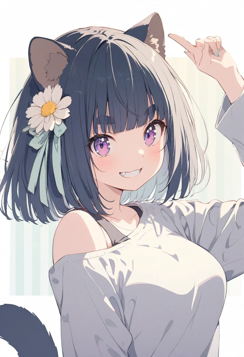 anime,(pale colors:1.8),long shot, 1girl, (on right:1.3), solo, cat mouth, dynamic angle, holding flower, pointing to head, grin, smile, fang, blue hair, bobcut, straight hair, racoon ears, racoon tail, (brown streaked hair:1.3), (blunt bangs) ,thick eyebrows, big breast, off shoulder clothes, racoon tattoo, cutout,flower hair ornament, striped background, shadow,