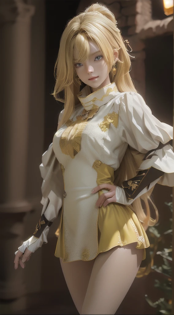 ((Best quality)), ((masterpiece)), (detailed:1.4), 3D, an image of a beautiful princess female, blonde-haired, yellow eyes, HDR (High Dynamic Range),Ray Tracing,NVIDIA RTX,Super-Resolution,Unreal 5,Subsurface scattering,PBR Texturing,Post-processing,Anisotropic Filtering,Depth-of-field,Maximum clarity and sharpness,Multi-layered textures,Albedo and Specular maps,Surface shading,Accurate simulation of light-material interaction,Perfect proportions,Octane Render,Two-tone lighting,Wide aperture,Low ISO,White balance,Rule of thirds,8K RAW,