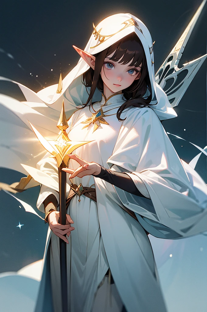 female, 5’3, Elven princess, medium dark brown hair and eyes, small markings under her eyes, pointy ears, white skin, holding a beautiful silver trident. White cloak, a light aesthetic. Optimistic, kind, soft, attractive. has healing magic