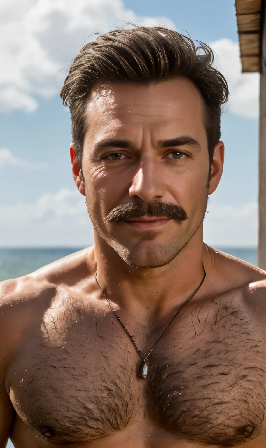 masterpiece, best quality, high resolution, closeup portrait, male focus, solo focus, A man, 60 years old, white grey hair, hairy armpits, thick moustache, in speedo, grey silver hair, messy hairstyle, seductive face, smirk, sweaty, sexual, old but attractive, bare chest, body hair, hairy armpits, facial hair, pale skin, sun freckles, roman nose, very skinny body, very hairy legs, male legs, attractive hairy legs, cute, white chest hair, very hairy chest, dimples, scruffy beard, very hairy armpits, bold jawline , sweaty, in the background a beach on a cloudy day, view from below, amazing composition, front view, HDR, ultra quality, elegant, highly detailed