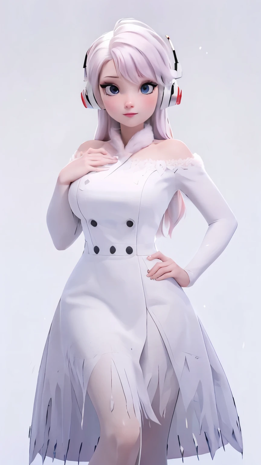 (1 girl, Alone, Masterpiece, 4k, Best Quality:1.2, (cowboy shot), Best Quality:1.2, good hands, showy, (perfect hands, perfect anatomy)), 
utaop, headphones,blush, White dress, fur over one, red and white hair, multicolor fur, High average, 
((medium breasts, big hips, looking at the viewer)), 
((simple background, White background)), 