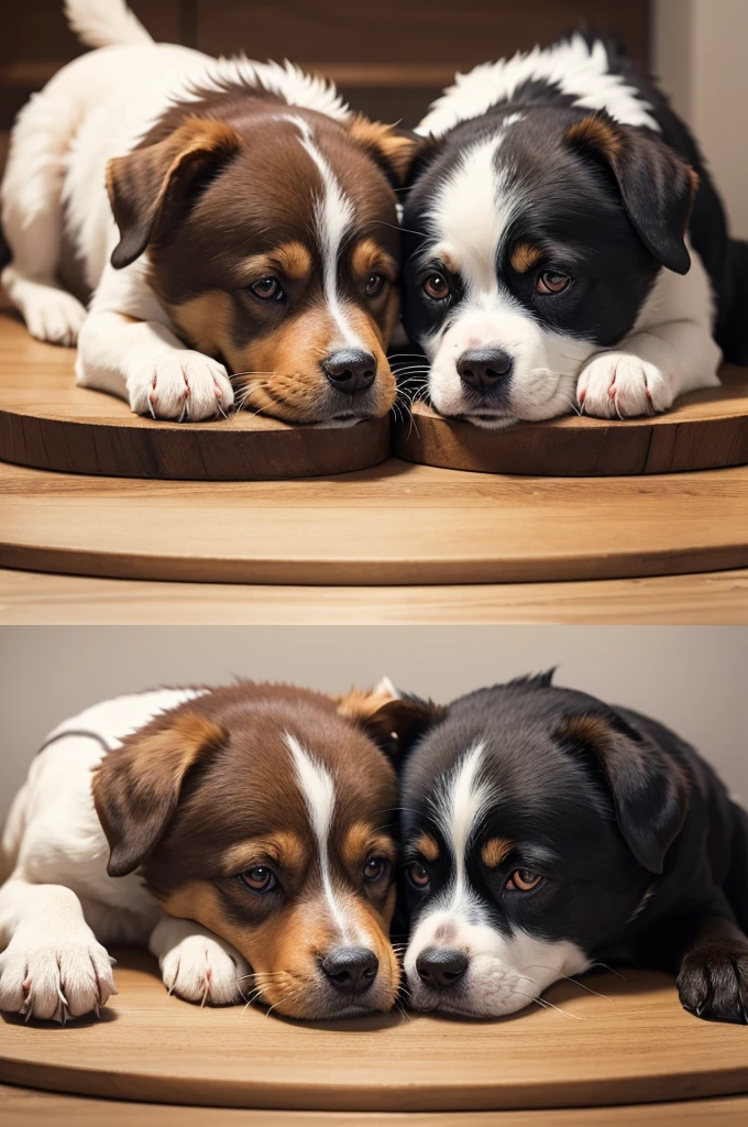 Generate an image divided into two, on one side a sad looking dog looking at his food and on the other he is happy and healthy looking with his food