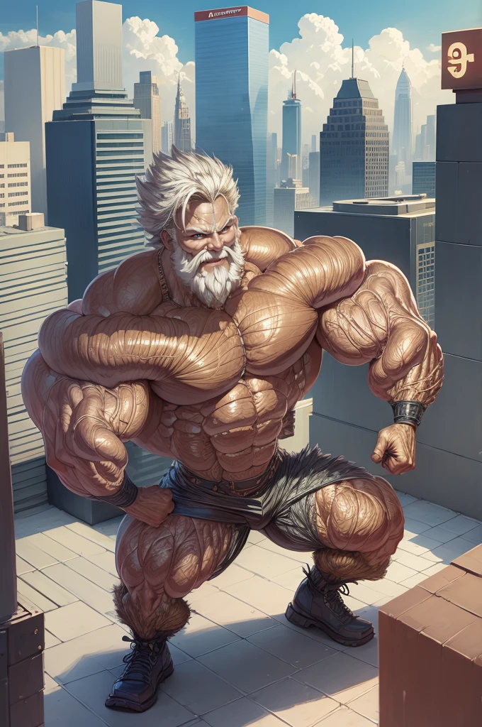 (Muscular old man:1.2) standing on a rooftop overlooking the city skyline, with a hint of mystery and power, showcasing his sheer strength and ruggedness.