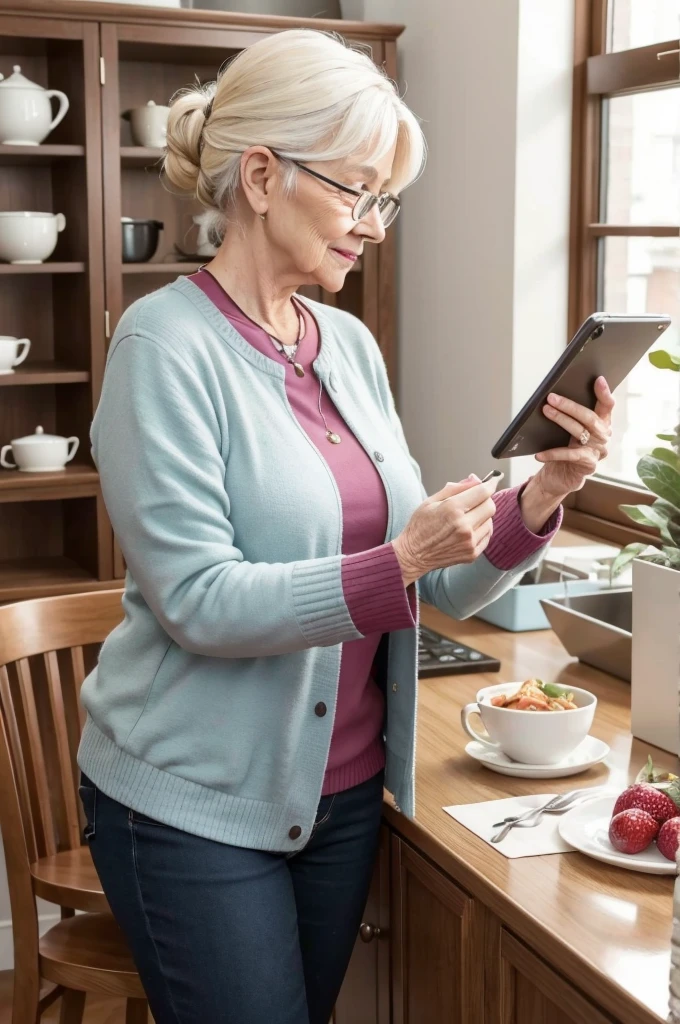 Elderly woman at home shopping for utensils on her cell phone 