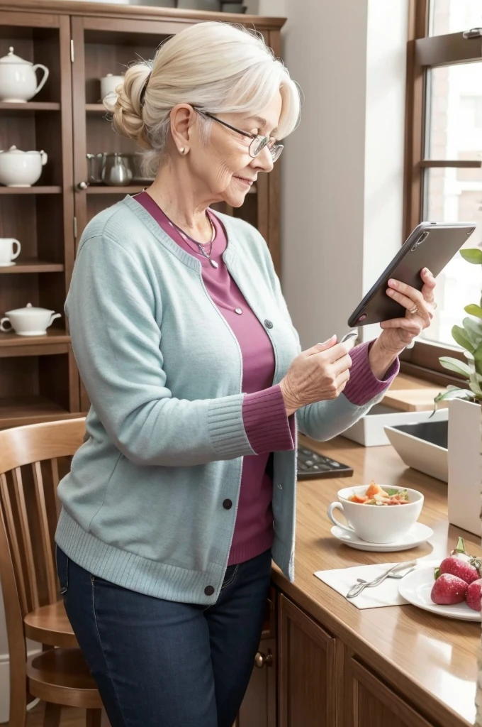 Elderly woman at home shopping for utensils on her cell phone 