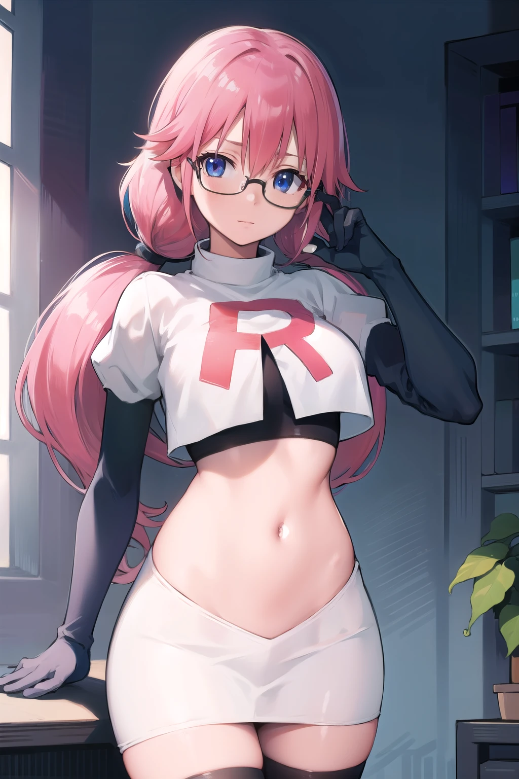 airisakura, airi sakura, blue eyes, glasses, long hair, pink hair, (low twintails:1.5),
BREAK glasses, team rocket,team rocket uniform,white skirt,red letter R,crop top,black thigh-highs,black elbow gloves,
BREAK looking at viewer, 
BREAK (masterpiece:1.2), best quality, high resolution, unity 8k wallpaper, (illustration:0.8), (beautiful detailed eyes:1.6), extremely detailed face, perfect lighting, extremely detailed CG, (perfect hands, perfect anatomy),