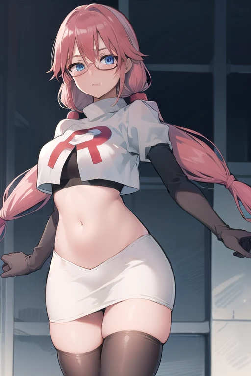 airisakura, airi sakura, blue eyes, glasses, long hair, pink hair, (low twintails:1.5),
BREAK glasses, team rocket,team rocket uniform,white skirt,red letter R,crop top,black thigh-highs,black elbow gloves,
BREAK looking at viewer, 
BREAK (masterpiece:1.2), best quality, high resolution, unity 8k wallpaper, (illustration:0.8), (beautiful detailed eyes:1.6), extremely detailed face, perfect lighting, extremely detailed CG, (perfect hands, perfect anatomy),