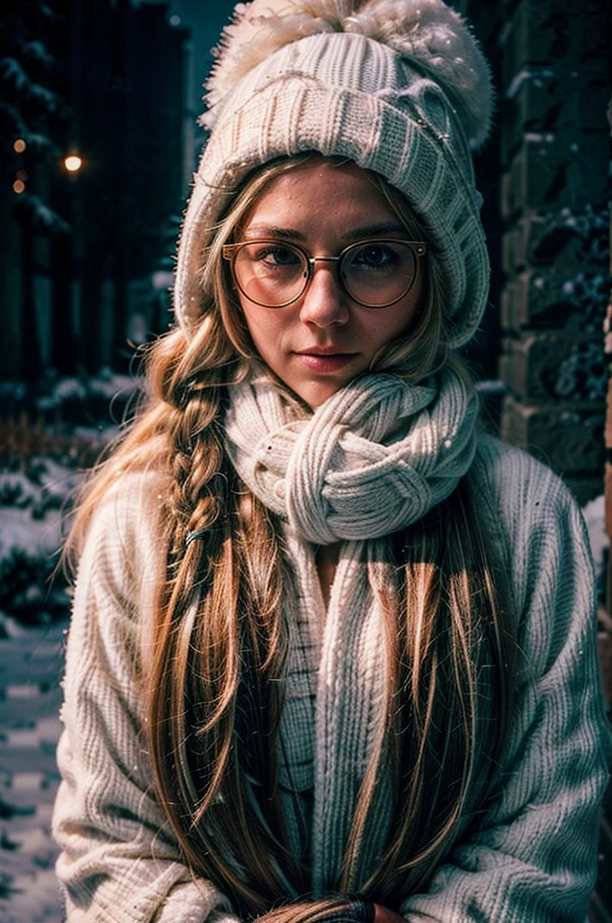 1 girl, blonde hair, long hair, crownbraid, snowcap, round eyewear, glasses, white winter furcoat, snow, standing, in snow, night, solo, orange lighting, pink scarf, hand on scarf, green eyes, black gloves, close up, moonlight, snowing, freckles