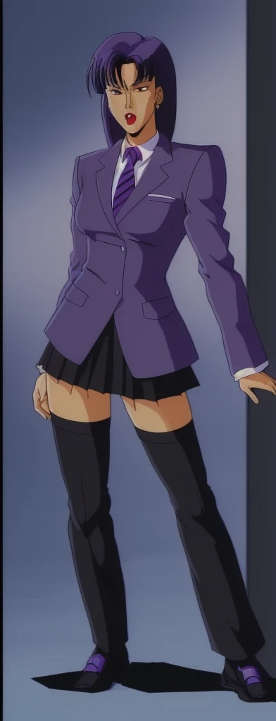 90s style Anime Evil black skinned business woman in a purple military skirt suit with a tie on