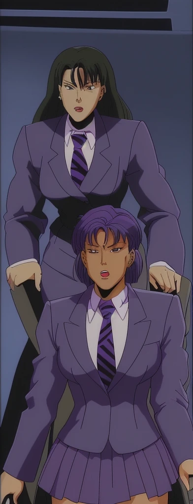 90s style Anime Evil black skinned business woman in a purple military skirt suit with a tie on