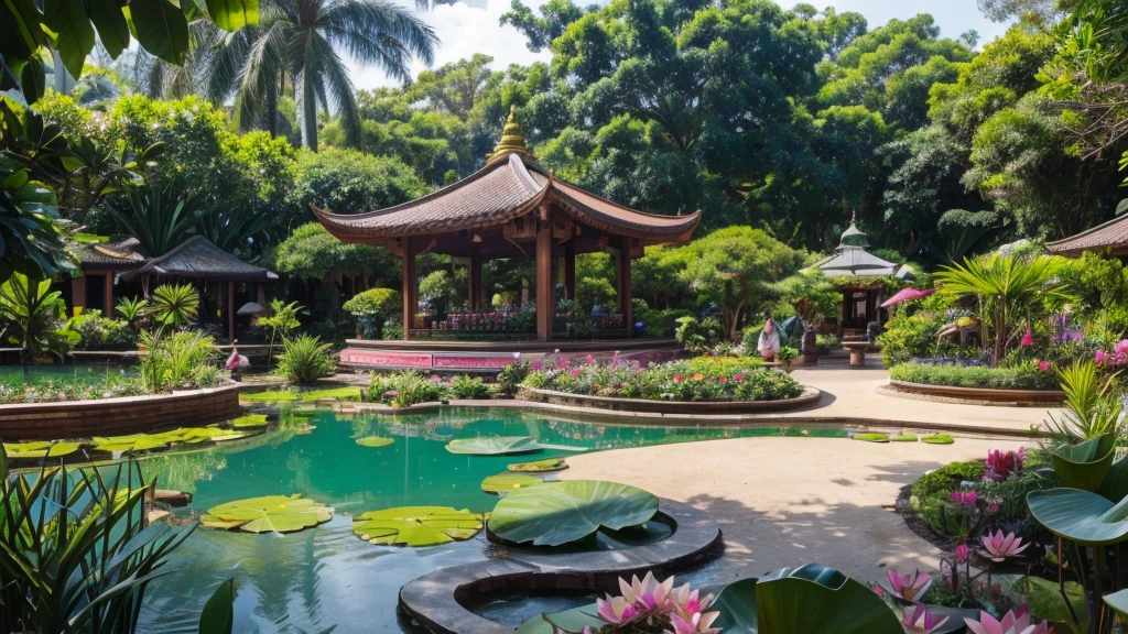 A botanical garden with 3 cafes, ornamental plants, tropical trees, small pools with lotus flowers in the garden, and where people shop.