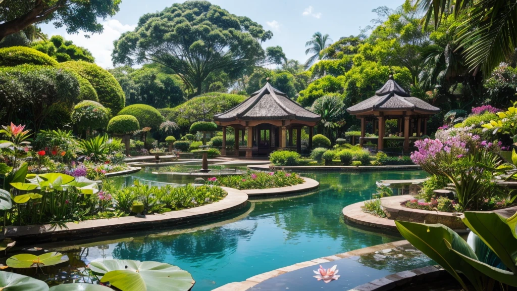 A botanical garden with 3 cafes, ornamental plants, tropical trees, small pools with lotus flowers in the garden, and where people shop.