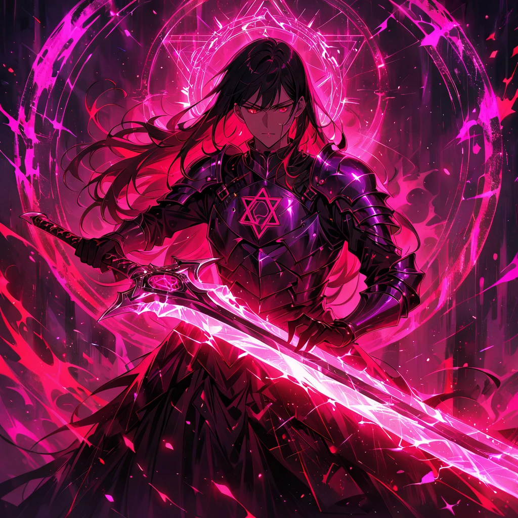 (best qualityer, work of art:1.2), ultra detali, a huge shining sword, ancient glowing symbols on the blade, one wearing armor, poses de curry,Dynamic Action，Long flowing hair, silver armor,  electric arc hexagram magic circle background, magic effects, Detailed magic circle, detailed hexagram, intricate texture of sword hilt, thick fog of breathing, Surrealism, 4K, 8K, high resolution, best qualityer, high resolution, anatomically correcte, texturot skin，vivid color,rot,offwhite,cerulean,