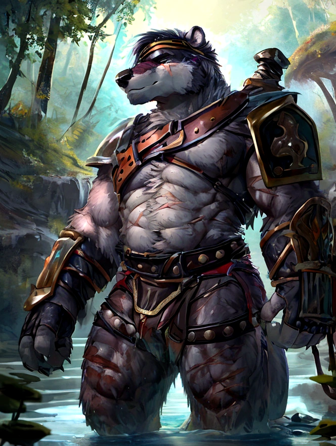 Solo Sexy young anthro furry otter male river mercenary medieval solider, slim endomorph muscular, anthro handsome gay shorter muzzle, handsome gay model male apperance, sword scars, shaggy shag hairs headband, worn out leather skimpy armament, low on hips heavy leather belt, old very worn out skimpy dirty linen material jockstrap, old yellow dirty worn out stains on white sawn jockstrap, very visible "x" brown seam pattern on the jockstrap, studded skimpy armlets breastplate armor, skimpy breastplate, leather bondages, brown furr, fingerless leather gloves, smelly unwashed furr, dirty body look, walking through muddy forest river, close view of full character