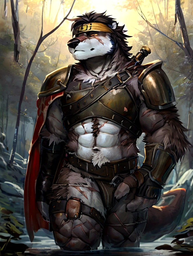 Solo Sexy young anthro furry otter male river mercenary medieval solider, slim endomorph muscular, anthro handsome gay shorter muzzle, handsome gay model male apperance, sword scars, shaggy shag hairs headband, worn out leather skimpy armament, low on hips heavy leather belt, old very worn out skimpy dirty linen material jockstrap, old yellow dirty worn out stains on white sawn jockstrap, very visible "x" brown seam pattern on the jockstrap, studded skimpy armlets breastplate armor, skimpy breastplate, leather bondages, brown furr, fingerless leather gloves, smelly unwashed furr, dirty body look, walking through muddy forest river, close view of full character