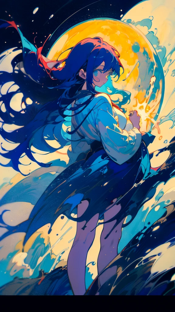 Blue-haired long hair,Design clothing,Seven-doppelganger shot,Anime style 4K,Anime girl with teal hair,High quality anime art style,Are standing,painting,Splash ink background,Blue Themes、Pure white background,Buildings,Face close-up,Buildings,Moon and sun、Long legs,Tokyo city,water surface,Splash,Ocean