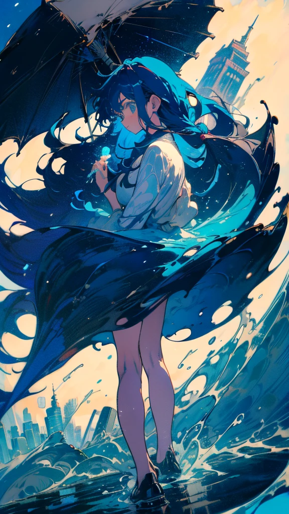 Blue-haired long hair,Design clothing,Seven-doppelganger shot,Anime style 4K,Anime girl with teal hair,High quality anime art style,Are standing,painting,Splash ink background,Blue Themes、Pure white background,Buildings,Face close-up,Buildings,Moon and sun、Long legs,Tokyo city,water surface,Splash,Ocean