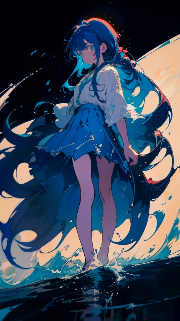 Blue-haired long hair,Design clothing,Seven-doppelganger shot,Anime style 4K,Anime girl with teal hair,High quality anime art style,Are standing,painting,Splash ink background,Blue Themes、Pure white background,Buildings,Face close-up,Buildings,Moon and sun、Long legs,Tokyo city,water surface,Splash,Ocean