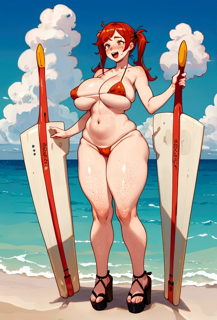 colossal Thighs, gigantic thighs, very huge thighs, very big thighs))), full body , barefoot, full body, huge breast, redhead,, freckles, pigtails hair, young girl, standing, front pose, mini bikini, platform heels, body freckles, happy, moan, open mouth,
