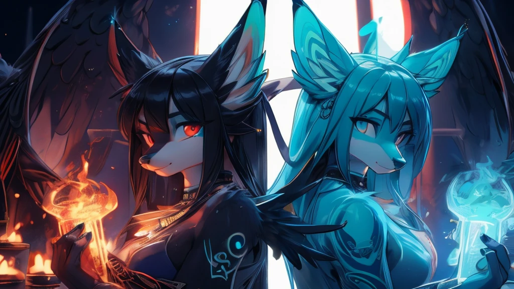 Two girls back to back, duality good and evilMiku Hatsune, add high definition_detail:1, blue fur,kitsune ears, tribal tattoo add_detail:1, hell&heaven add_detail, Dualidad hatsume miku add high definition_detail:1 , blue fur, slave dd kitsune, angelic girl, angel girl add_detail:1