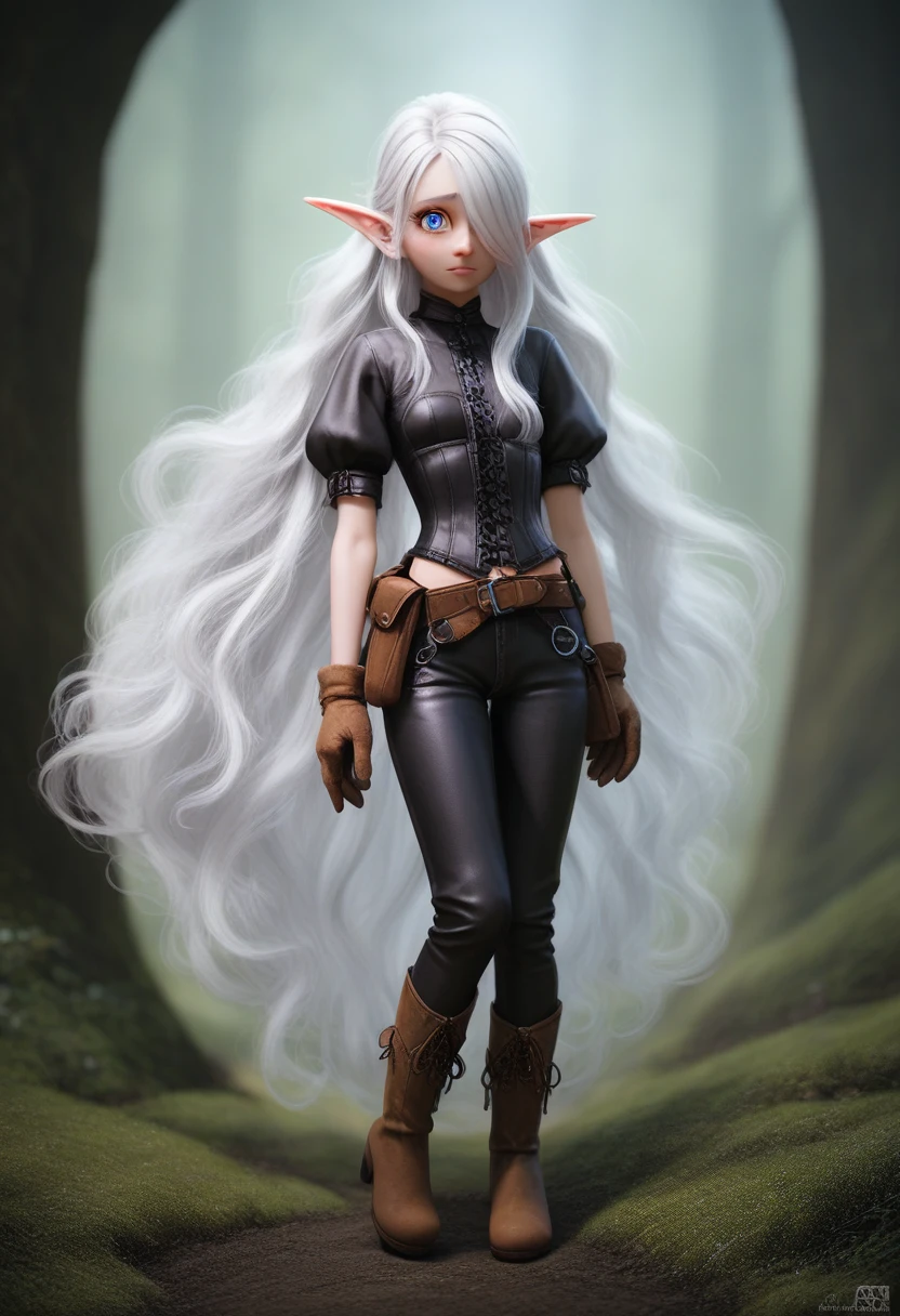 A girl with pale skin, short stature, very long wavy silver hair covering one eye, small breasts, pouty lips, and bright blue anime-style eyes with long lashes, wearing a corset, white puffy long sleeved shirt, and puffy cloth pants, leather bound boots, set in a windy fantasy landscape, (best quality,4k,8k,highres,masterpiece:1.2),ultra-detailed, dungeons and dragons, long elf ears, small girl, detailed skin and cloth textures, cute detailed face, intricate details, extremely detailed, 1girl, dynamic pose with hair covering one eye, shy personality, puffy cloth pants with leather belt, detailed privateer outfit, detailed buccaneer outfit, pouch on belt, wearing ornate leather armor with fur trim, silver inlay detail, wearing fur trimmed boots, wearing fur trimmed gloves, short, short height, halfing girl, small girl, very long detailed flowing hair, big head, big round eyes, windy, wind blown hair