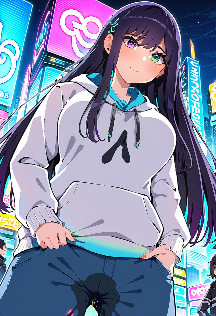 (masterpiece:1.37), best quality, (extremely detailed:1.37), woman, (mature:1.5), (adult:1.5), large breasts, very long hair, (straight hair:1.5), dark purple hair, purple eyes, (extremely detailed eyes:1.37), hoodie, jeans, desperation, wetting self, standing, embarrassed, humiliation, blushing, angry, city, futuristic, neon lighting, high-tech, street