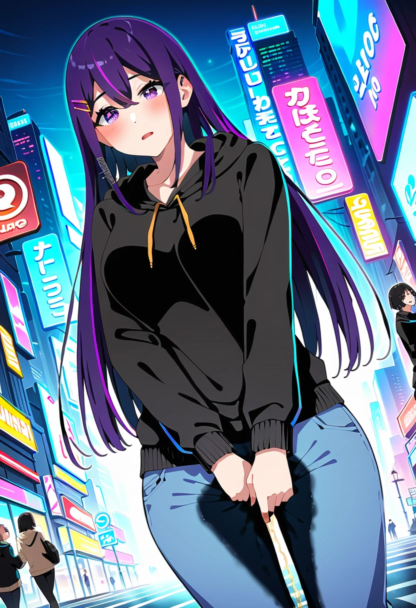 (masterpiece:1.37), best quality, (extremely detailed:1.37), woman, (mature:1.5), (adult:1.5), large breasts, very long hair, (straight hair:1.5), dark purple hair, purple eyes, (extremely detailed eyes:1.37), hoodie, jeans, desperation, (wetting self:1.5), standing, embarrassed, humiliation, blushing, angry, city, futuristic, neon lighting, high-tech, street