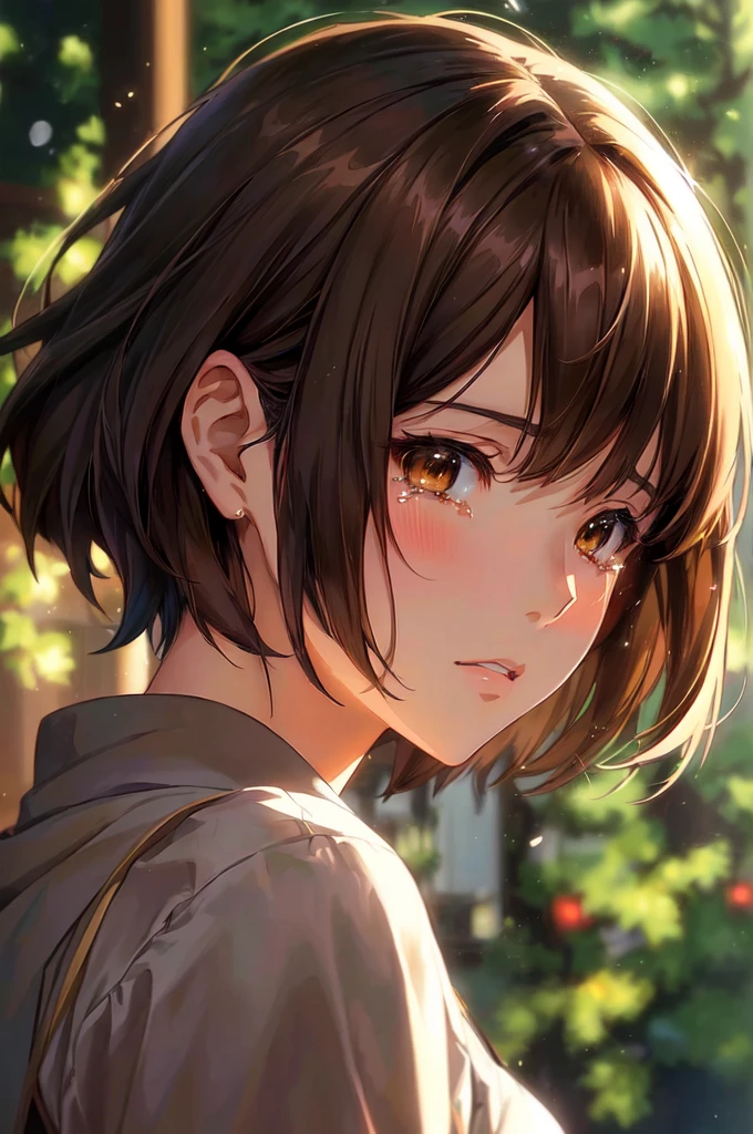 anime girl with brown hair and brown eyes staring at something, anime girl in her late 20's, quietly shedding tears, Tears on her cheeks, detailed portrait of anime girl, beautiful anime portrait, makoto shinkai art style, portrait anime girl, smooth anime cg art, detailed digital anime art, profile of anime girl, makoto shinkai style, makoto shinkai and artgerm, anime girl portrait profile, stunning anime face portrait