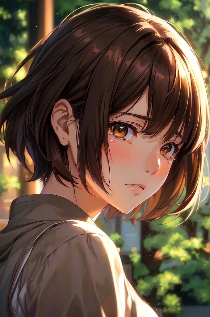 anime girl with brown hair and brown eyes staring at something, anime girl in her late 20's, quietly shedding tears, Tears on her cheeks, detailed portrait of anime girl, beautiful anime portrait, makoto shinkai art style, portrait anime girl, smooth anime cg art, detailed digital anime art, profile of anime girl, makoto shinkai style, makoto shinkai and artgerm, anime girl portrait profile, stunning anime face portrait