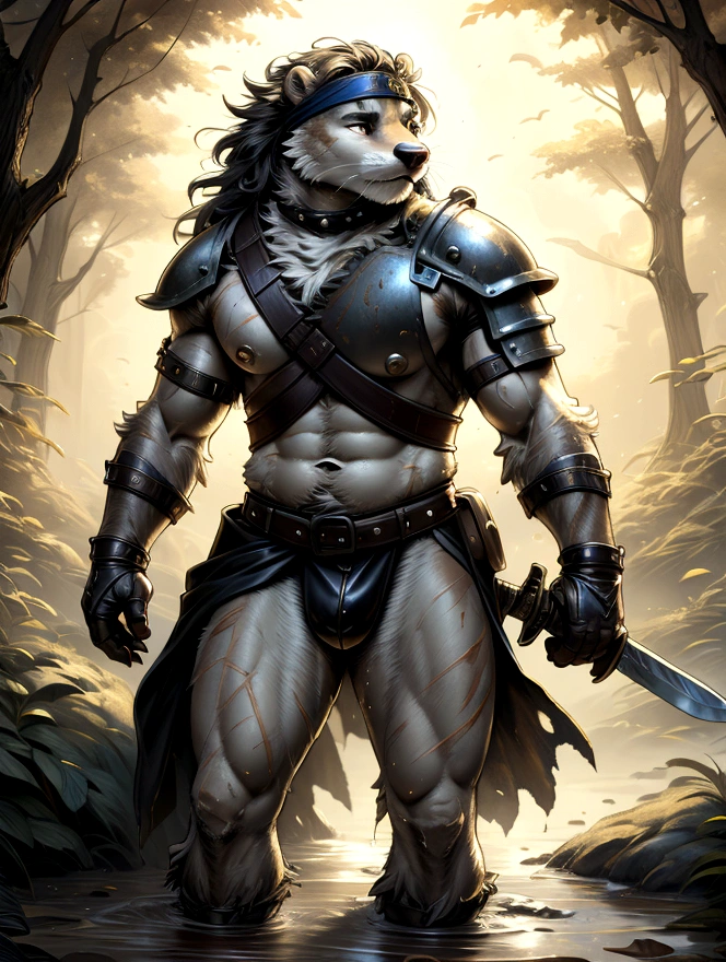 Solo Sexy young anthro furry otter male river mercenary medieval solider, slim endomorph muscular, anthro handsome gay shorter muzzle, handsome gay model male apperance, sword scars, shaggy shag hairs headband, worn out leather skimpy armament, low on hips heavy leather belt, old very worn out skimpy dirty linen material jockstrap, old yellow dirty worn out stains on white sawn jockstrap, very visible "x" brown seam pattern on the jockstrap, studded skimpy armlets breastplate armor, skimpy breastplate, leather bondages, fingerless leather gloves, smelly unwashed furr, dirty body look, walking through muddy forest river, close view of full character