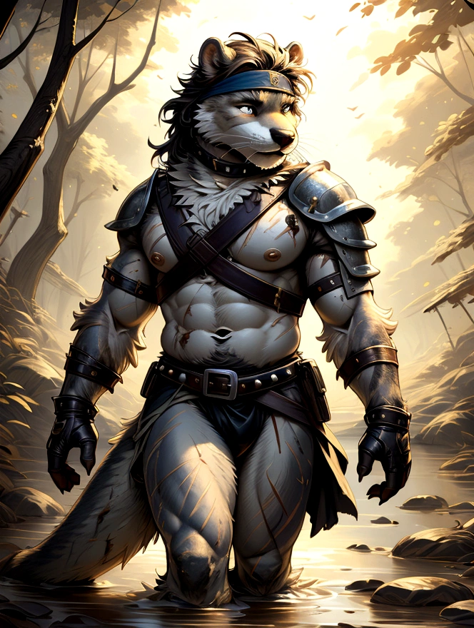 Solo Sexy young anthro furry otter male river mercenary medieval solider, slim endomorph muscular, anthro handsome gay shorter muzzle, handsome gay model male apperance, sword scars, shaggy shag hairs headband, worn out leather skimpy armament, low on hips heavy leather belt, old very worn out skimpy dirty linen material jockstrap, old yellow dirty worn out stains on white sawn jockstrap, very visible "x" brown seam pattern on the jockstrap, studded skimpy armlets breastplate armor, skimpy breastplate, leather bondages, fingerless leather gloves, smelly unwashed furr, dirty body look, walking through muddy forest river, close view of full character