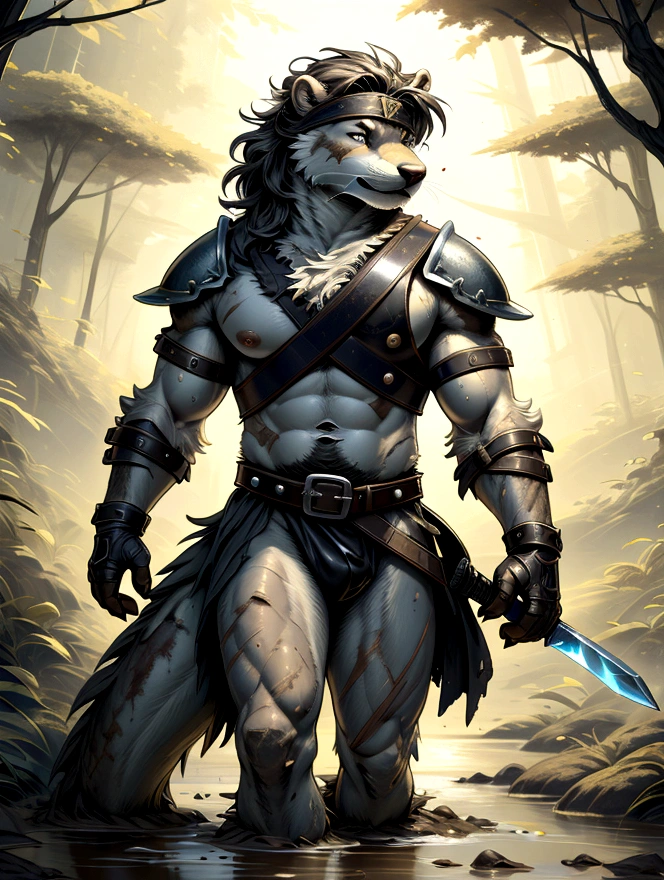 Solo Sexy young anthro furry otter male river mercenary medieval solider, slim endomorph muscular, anthro handsome gay shorter muzzle, handsome gay model male apperance, sword scars, shaggy shag hairs headband, worn out leather skimpy armament, low on hips heavy leather belt, old very worn out skimpy dirty linen material jockstrap, old yellow dirty worn out stains on white sawn jockstrap, very visible "x" brown seam pattern on the jockstrap, studded skimpy armlets breastplate armor, skimpy breastplate, leather bondages, fingerless leather gloves, smelly unwashed furr, dirty body look, walking through muddy forest river, close view of full character