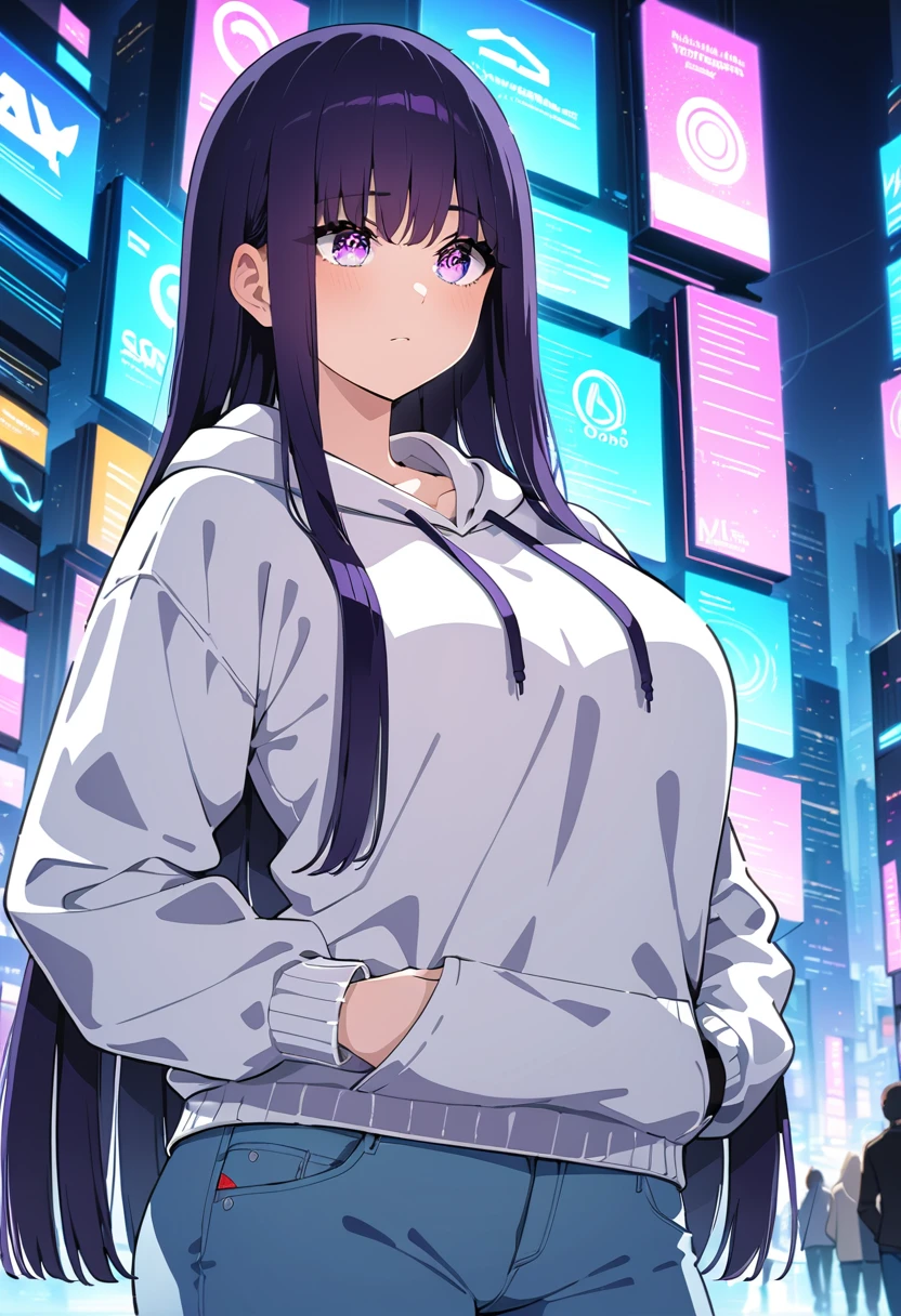 (masterpiece:1.37), best quality, (extremely detailed:1.37), woman, mature, adult, large breasts, very long hair, (straight hair:1.5), dark purple hair, purple eyes, (extremely detailed eyes:1.37), hoodie, jeans, desperation, (wetting: self 3.0), standing, city, futuristic, neon lighting, high-tech, street