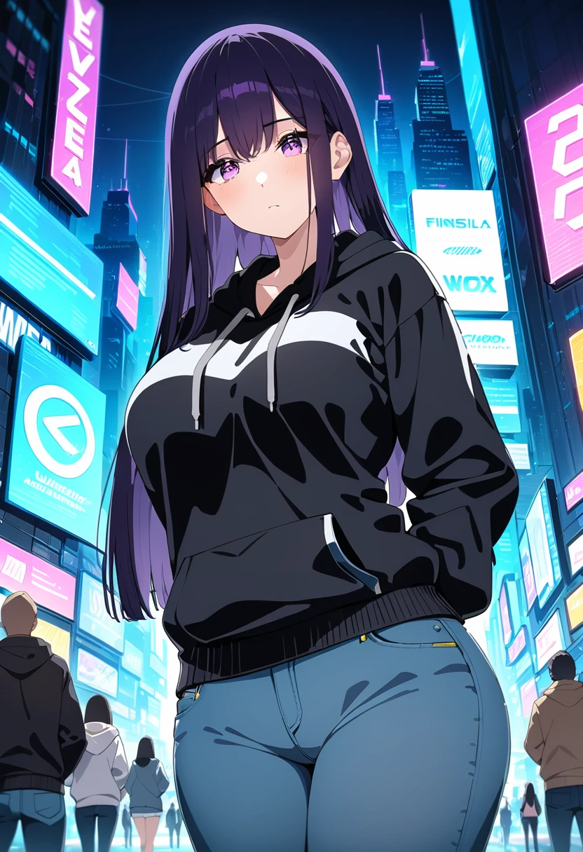 (masterpiece:1.37), best quality, (extremely detailed:1.37), woman, mature, adult, large breasts, very long hair, (straight hair:1.5), dark purple hair, purple eyes, (extremely detailed eyes:1.37), hoodie, jeans, desperation, (wetting: self 3.0), standing, city, futuristic, neon lighting, high-tech, street