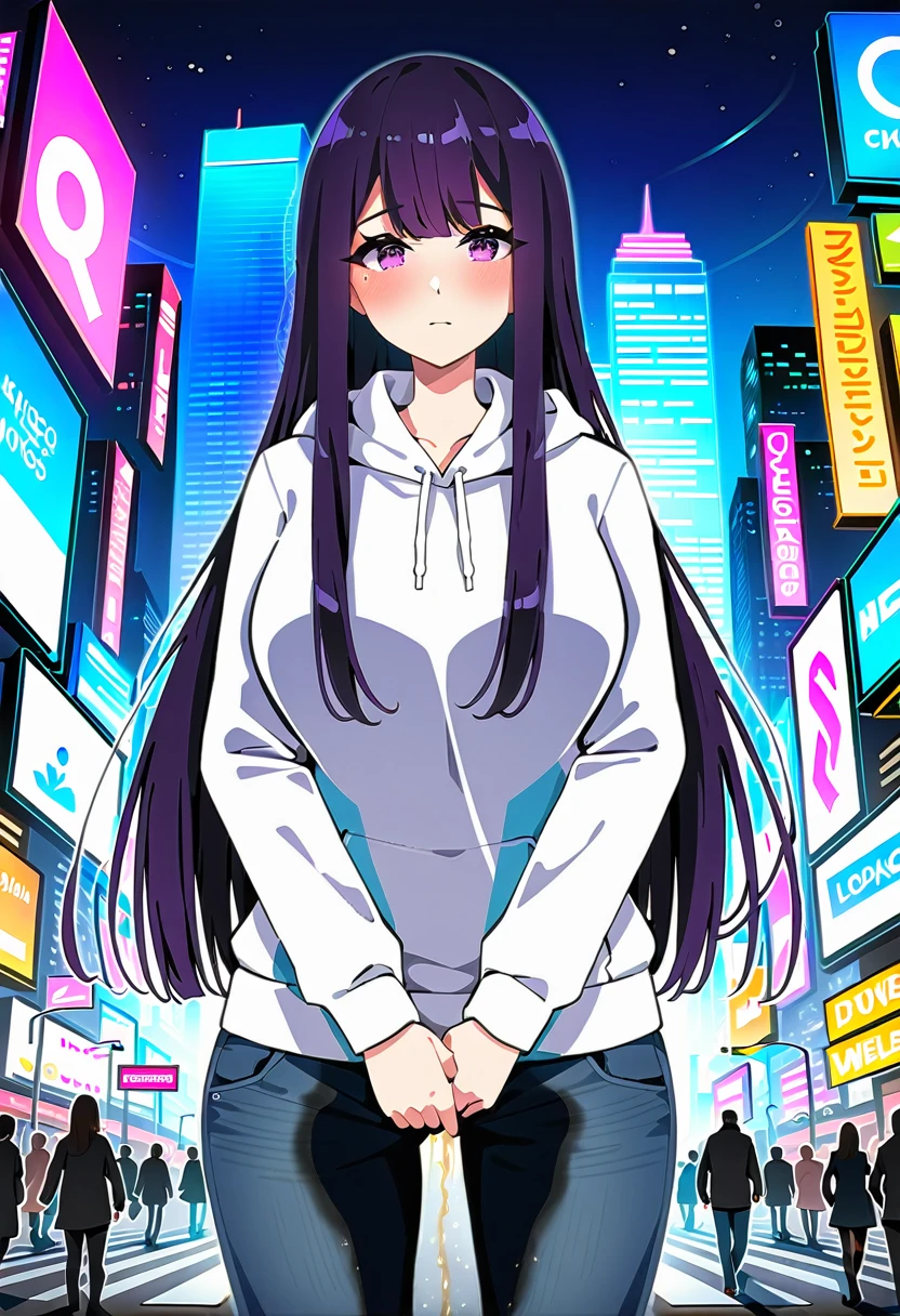 (masterpiece:1.37), best quality, (extremely detailed:1.37), woman, mature, adult, large breasts, very long hair, (straight hair:1.5), dark purple hair, purple eyes, (extremely detailed eyes:1.37), hoodie, jeans, desperation, (wetting: self 3.0), standing, city, futuristic, neon lighting, high-tech, street