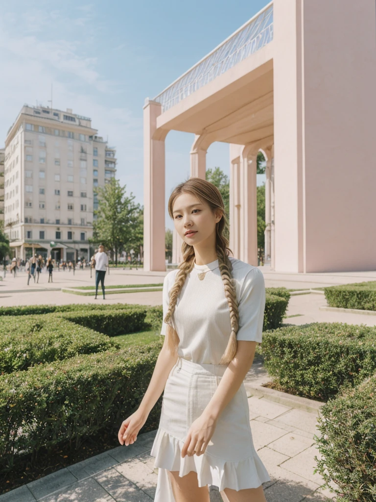 her name is Asako, high quality, 1girl, ((20-year-old fit Caucasian woman)), ((20 years old)), ((slim)), ((Fishtail Braid hair)), pose: standing, wearing stylish fashionable Generation-Z modern wear pastel colored, BACKGROUND: "In the Esplanadi Park, a green urban space with beautiful statues and lively street performances."