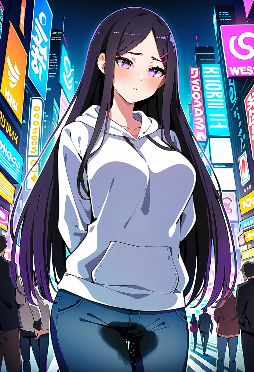 (masterpiece:1.37), best quality, (extremely detailed:1.37), woman, mature, adult, large breasts, very long hair, (straight hair:1.5), dark purple hair, purple eyes, (extremely detailed eyes:1.37), hoodie, jeans, desperation, (wetting: self 3.0), standing, city, futuristic, neon lighting, high-tech, street