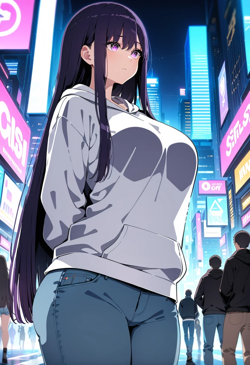 (masterpiece:1.37), best quality, (extremely detailed:1.37), woman, (mature:1.5), (adult:1.5), large breasts, very long hair, (straight hair:1.5), dark purple hair, purple eyes, (extremely detailed eyes:1.37), crop top, cleavage, navel, jeans, desperation, (wetting self:1.5), standing, embarrassed, humiliation, blushing, angry, city, futuristic, neon lighting, high-tech, street