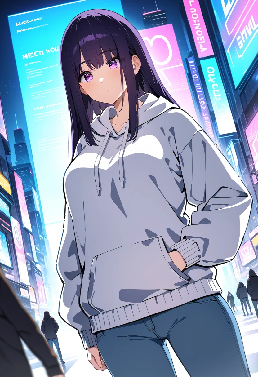 (masterpiece:1.37), best quality, (extremely detailed:1.37), woman, mature, adult, large breasts, very long hair, (straight hair:1.5), dark purple hair, purple eyes, (extremely detailed eyes:1.37), hoodie, jeans, desperation, (wetting: self 3.0), standing, city, futuristic, neon lighting, high-tech, street