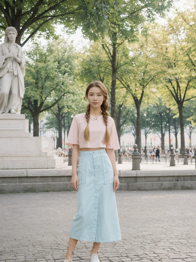 her name is Asako, high quality, 1girl, ((20-year-old fit Caucasian woman)), ((20 years old)), ((slim)), ((Fishtail Braid hair)), pose: standing, wearing stylish fashionable Generation-Z modern wear pastel colored, BACKGROUND: "In the Esplanadi Park, a green urban space with beautiful statues and lively street performances."