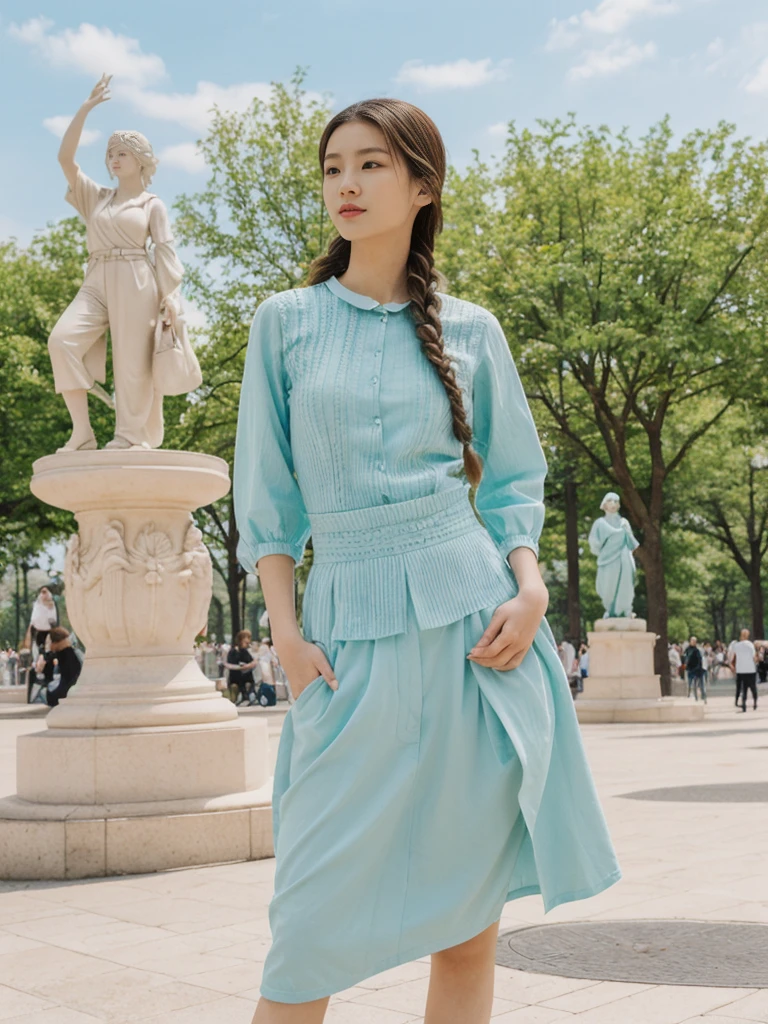 her name is Asako, high quality, 1girl, ((20-year-old fit Caucasian woman)), ((20 years old)), ((slim)), ((Fishtail Braid hair)), pose: standing, wearing stylish fashionable Generation-Z modern wear pastel colored, BACKGROUND: "In the Esplanadi Park, a green urban space with beautiful statues and lively street performances."