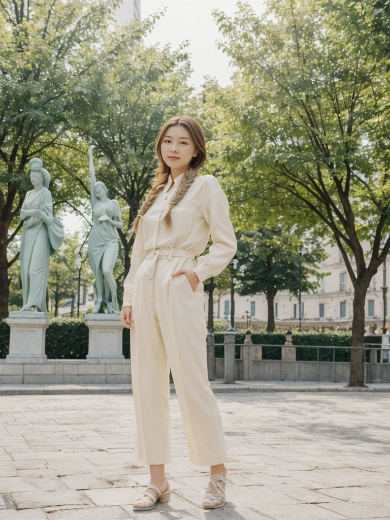 her name is Asako, high quality, 1girl, ((20-year-old fit Caucasian woman)), ((20 years old)), ((slim)), ((Fishtail Braid hair)), pose: standing, wearing stylish fashionable Generation-Z modern wear pastel colored, BACKGROUND: "In the Esplanadi Park, a green urban space with beautiful statues and lively street performances."