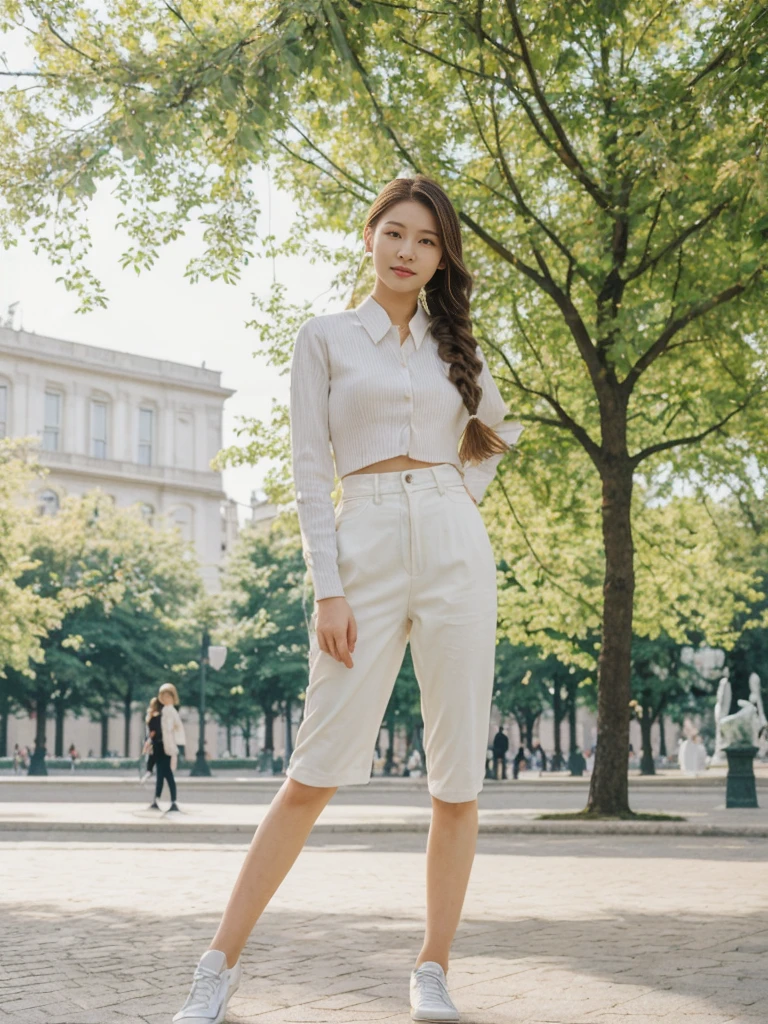 her name is Asako, high quality, 1girl, ((20-year-old fit Caucasian woman)), ((20 years old)), ((slim)), ((Fishtail Braid hair)), pose: standing, wearing stylish fashionable Generation-Z modern wear pastel colored, BACKGROUND: "In the Esplanadi Park, a green urban space with beautiful statues and lively street performances."
