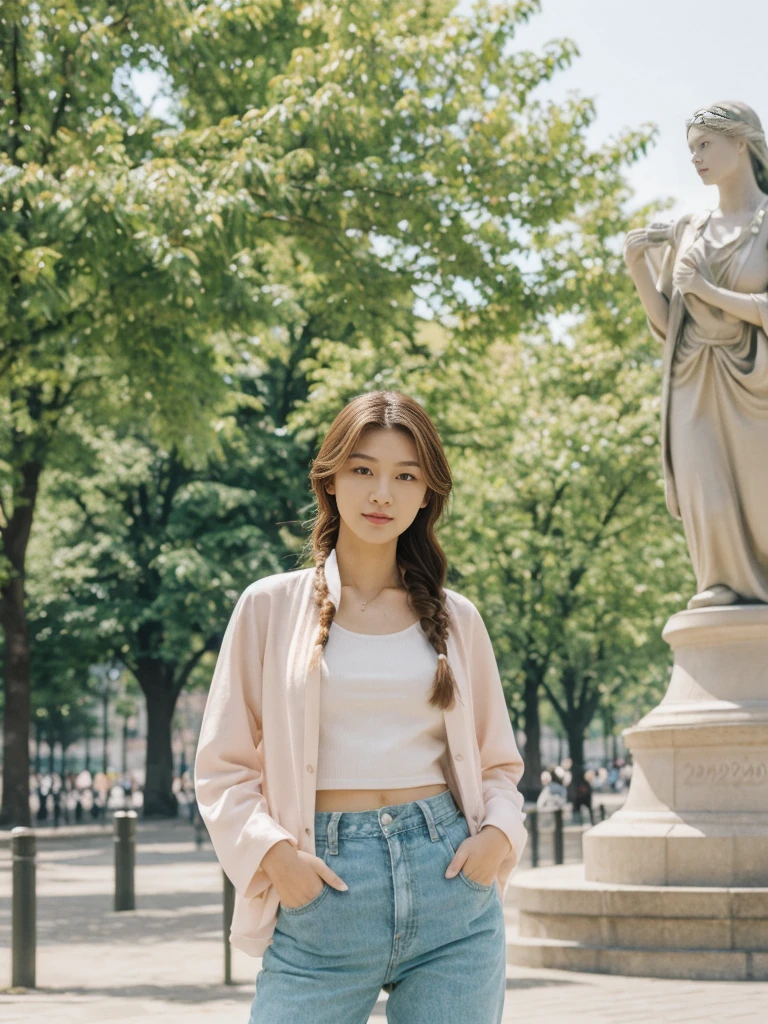 her name is Asako, high quality, 1girl, ((20-year-old fit Caucasian woman)), ((20 years old)), ((slim)), ((Fishtail Braid hair)), pose: standing, wearing stylish fashionable Generation-Z modern wear pastel colored, BACKGROUND: "In the Esplanadi Park, a green urban space with beautiful statues and lively street performances."