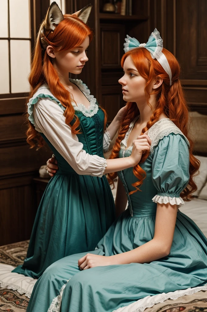 a young girl wearing a green and blue victorian dress with lace. He has orange hair, long wavy orange eyes, And some fox ears, her hair is adorned with white bows.. His expression is serious and determined as he holds an ancient sword.. The scene seems to have a romantic and mysterious air., located in a room with bedding and pillows around it. The image conveys a feeling of strength and elegance. (semi realistic style)