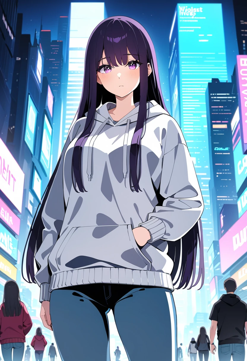 (masterpiece:1.37), best quality, (extremely detailed:1.37), woman, mature, adult, large breasts, very long hair, (straight hair:1.5), dark purple hair, purple eyes, (extremely detailed eyes:1.37), hoodie, jeans, desperation, (wetting: self 3.0), standing, city, futuristic, neon lighting, high-tech, street