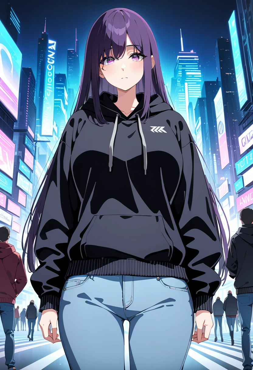 (masterpiece:1.37), best quality, (extremely detailed:1.37), woman, mature, adult, large breasts, very long hair, (straight hair:1.5), dark purple hair, purple eyes, (extremely detailed eyes:1.37), hoodie, jeans, desperation, (wetting: self 3.0), standing, city, futuristic, neon lighting, high-tech, street